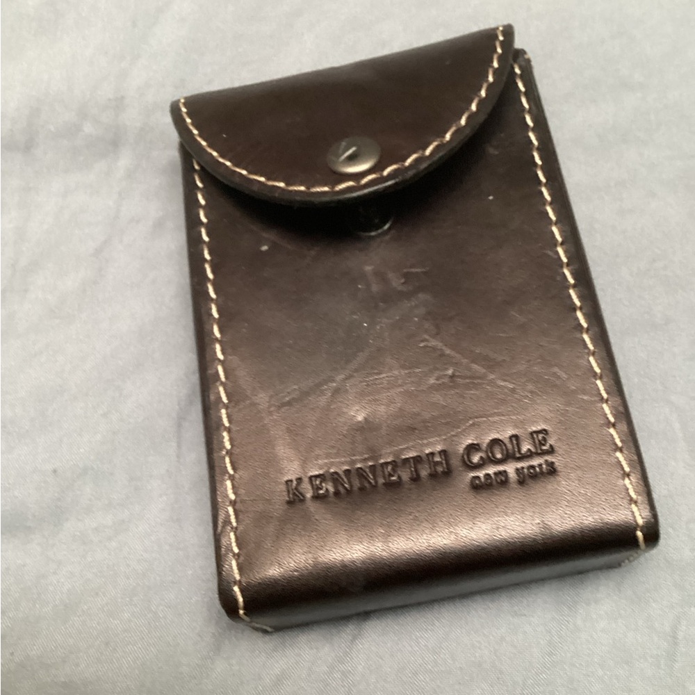 Kenneth Cole Brown Leather Playing Card Holder and cards.        119